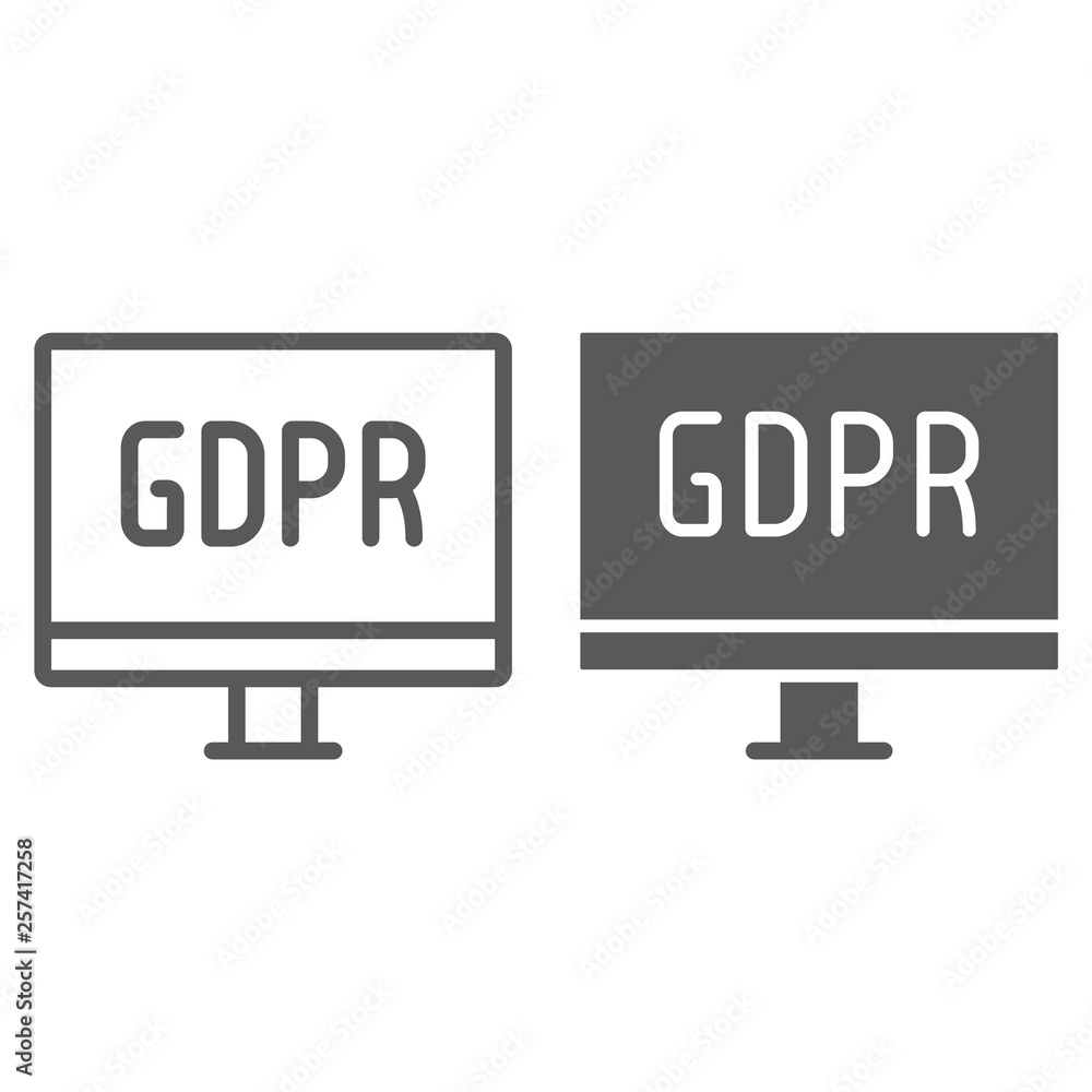 Poster gdpr monitor line and glyph icon, computer and screen, desktop sign, vector graphics, a linear patte