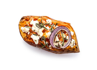 Baked sweet potato with cheese on white background
