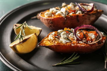 Baked sweet potato on tray