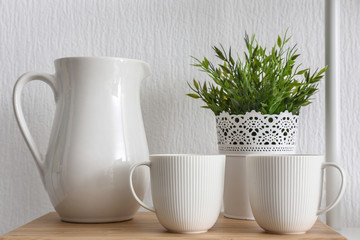 Clean jug with cups and plant in pot on shelf