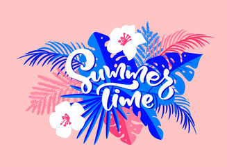 Fototapeta na wymiar Text Summer Time in floral tropical palm leaves background. Hand drawn lettering calligraphy vector illustration. Fun quote design logo greeting card. Inspiration typography poster, banner