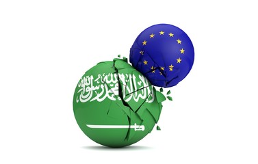Saudi Arabia and European Union political balls smash together. 3D Render
