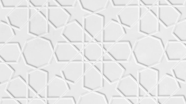 Rotating white arabic pattern, arabesque. Close-up of white abstract geometric background with stars. Ramadan graphic animation, slow motion. Islamic design.