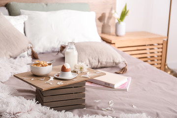 Fototapeta na wymiar Tasty healthy breakfast on bed