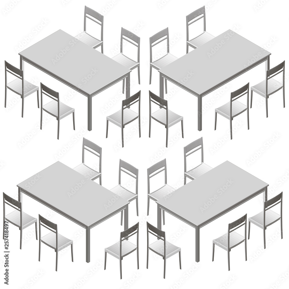 Poster set with tables and chairs. isometric view. vector illustration