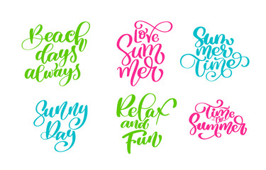 Travel lifestyle motivational phrases set. Hand drawn summer vector calligraphy lettering text. Vacation quotes, phrases and words. For greeting card template collection