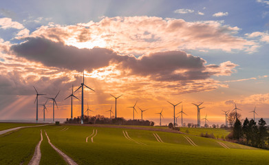 Fototapeta na wymiar Sunset with wind turbines