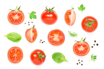 Collection of tomatoes, herbs and black pepper isolated on the white background - Image