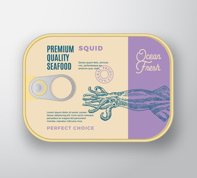 recommend clip art: Premium Seafood Aluminium Container with Label Cover. Retro Vector Canned Packaging Design. Modern Typography and Hand Drawn Squid Silhouette Background Layout.