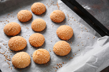 Tasty cookies on baking sheet