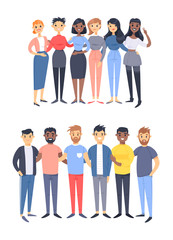 Set of a group of different men and women. Cartoon style characters of different races, gender. Vector illustration caucasian, asian and african american people