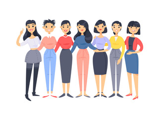 Set of a group of different asian american women. Cartoon style characters. Vector illustration people