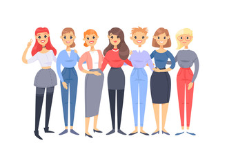 Fototapeta na wymiar Set of a group of different caucasian women. Cartoon style european characters. Vector illustration american people