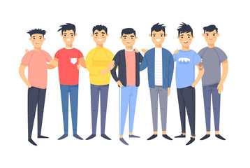 Set of a group of different asian american men. Cartoon style characters. Vector illustration people