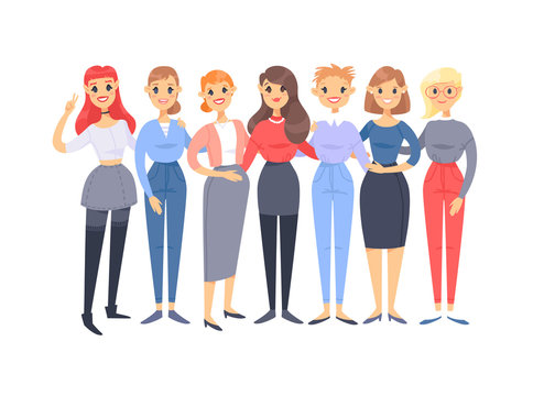 Set of a group of different caucasian women. Cartoon style european characters. Vector illustration american  people