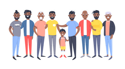 Set of a group of different african american men. Cartoon style characters of different ages. Vector illustration people