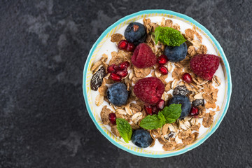 Hmemade healthy brunch or breakfast bowl, top view