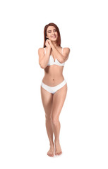 Fototapeta premium Beautiful young woman in underwear on white background