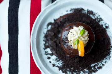Warm dessert chocolate cake lava served on plate