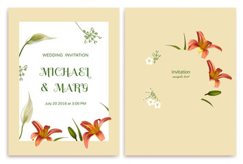 Wedding invitation. Flowers. Floral background. Lilies. White. Green leaves.