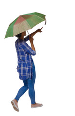 Back view of a black African-American woman who goes under an umbrella and points with her hand.