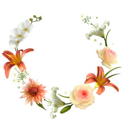 Flowers. Floral background. Lilies. Dahlia. White orchids. Pink roses.  Green leaves. Buds. Petals. Wreath.