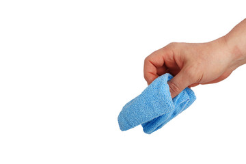 male hand with microfiber cleaning cloth isolated on white background