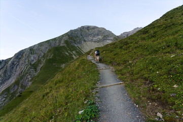 Fototapeta na wymiar Idyllic summer landscape with hiking trail in the Alps with beautiful fresh green mountain pastures, Allgäu Germany