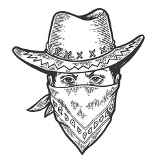 Cowboy head in bandit gangster mask bandana sketch engraving vector illustration. Scratch board style imitation. Hand drawn image. - obrazy, fototapety, plakaty