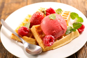 waffles with ice cream and berries fruits