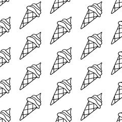 Fototapeta premium Cute cartoon ice cream pattern with hand drawn ice cream. Sweet vector black and white ice cream pattern. Seamless monochrome doodle ice cream pattern for fabric, wallpapers, wrapping paper and web.