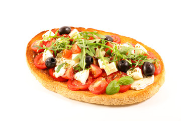 bruschetta with tomato, mozzarella and basil isolated on white background