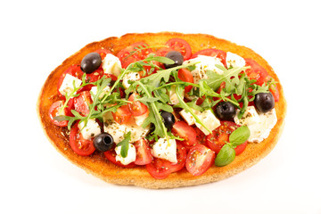 bruschetta with tomato, mozzarella and basil isolated on white background