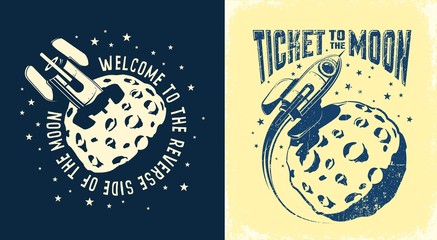 Space Rocket crashed into the moon. Ticket to the moon poster. Vector retro illustration. Worn texture on a separate layer. © Agor2012