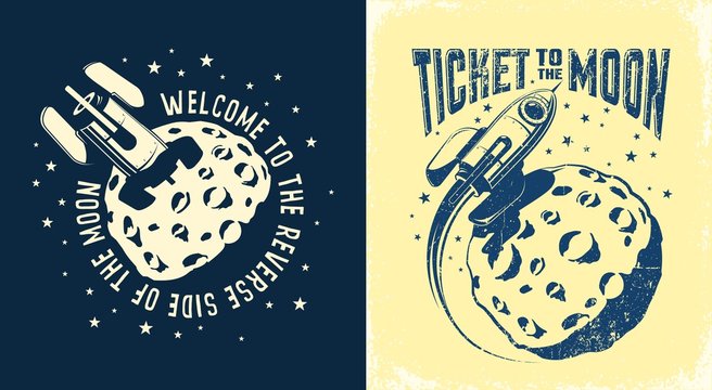 Space Rocket crashed into the moon. Ticket to the moon poster. Vector retro illustration. Worn texture on a separate layer.