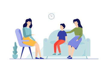 Mother with child sitting on the couch talking to female