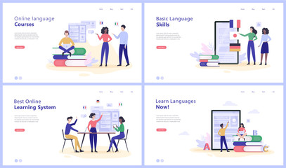 Online language courses concept web banner set