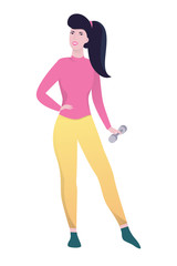 Beautiful fit woman standing and holding dumbbell