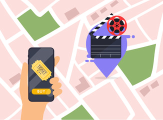 Flat design vector illustration concepts of online cinema ticket order. Hand holding mobile smart phone with online buy app. Vector modern flat creative info graphics design.