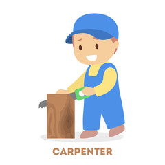 Child play as a carpenter. Boy in the uniform