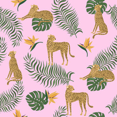 Tropical seamless pattern with tropical plant and leopard. Be wild, Urban jungle card. Editable vector illustration