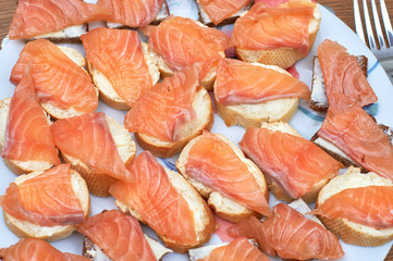 Sandwiches with red fish on a white plate closeup, texture and background