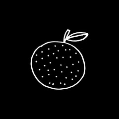 Linear cartoon hand drawn orange. Cute vector black and white orange doodle. Isolated monochrome orange silhouette on black background.