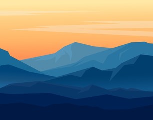 Vector landscape with blue silhouettes of mountains on orange evening sky. Huge geometric mountain range in twilight. Vector illustration.