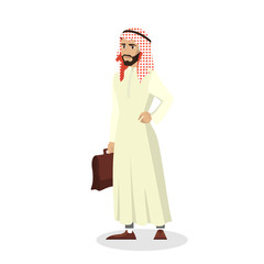 Arab businessman standing with briefcase in national clothes