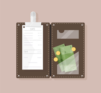 Open bill holder or check presenter with restaurant receipt, money banknotes and coins, top view