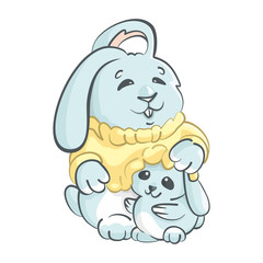 Cute, cartoon rabbits, mom and baby. Сoncept of family, love for children. Vector illustration