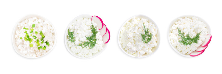 Set of fresh natural cottage cheese in a white ceramic bowl isolated on white. Green dill. An overhead photo of organic eco healthy meal, dairy product. Top view.