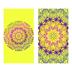 Floral Banners. Ethnic Mandala Ornament. Vector Illustration. For Greeting Card, Coloring Book, Invitation Print. Purple gradient color on yellow background
