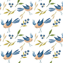 Illustration with birds and flowers in a Scandinavian style. Folk art.